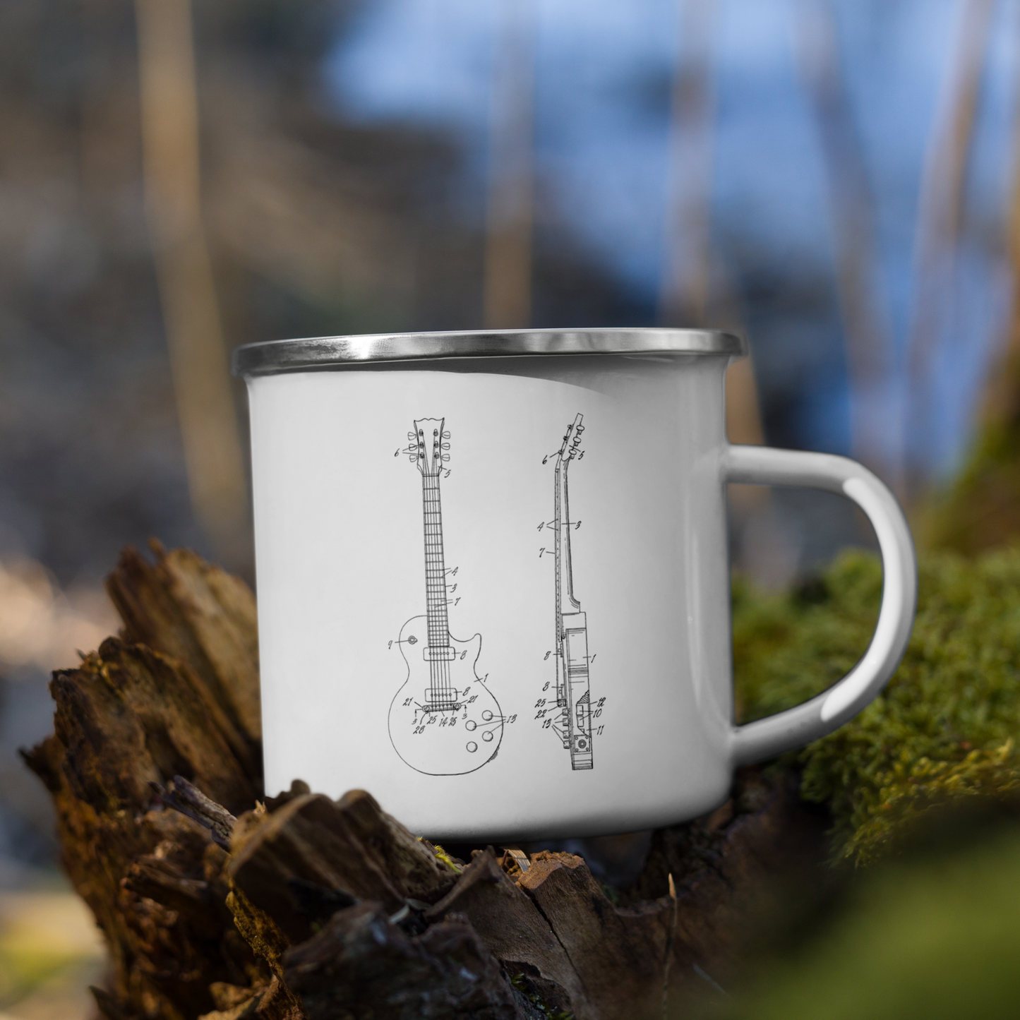Classic Electric Guitar Patent 12 oz Enamel Coffee Mug – Durable & Stylish Campfire Cup